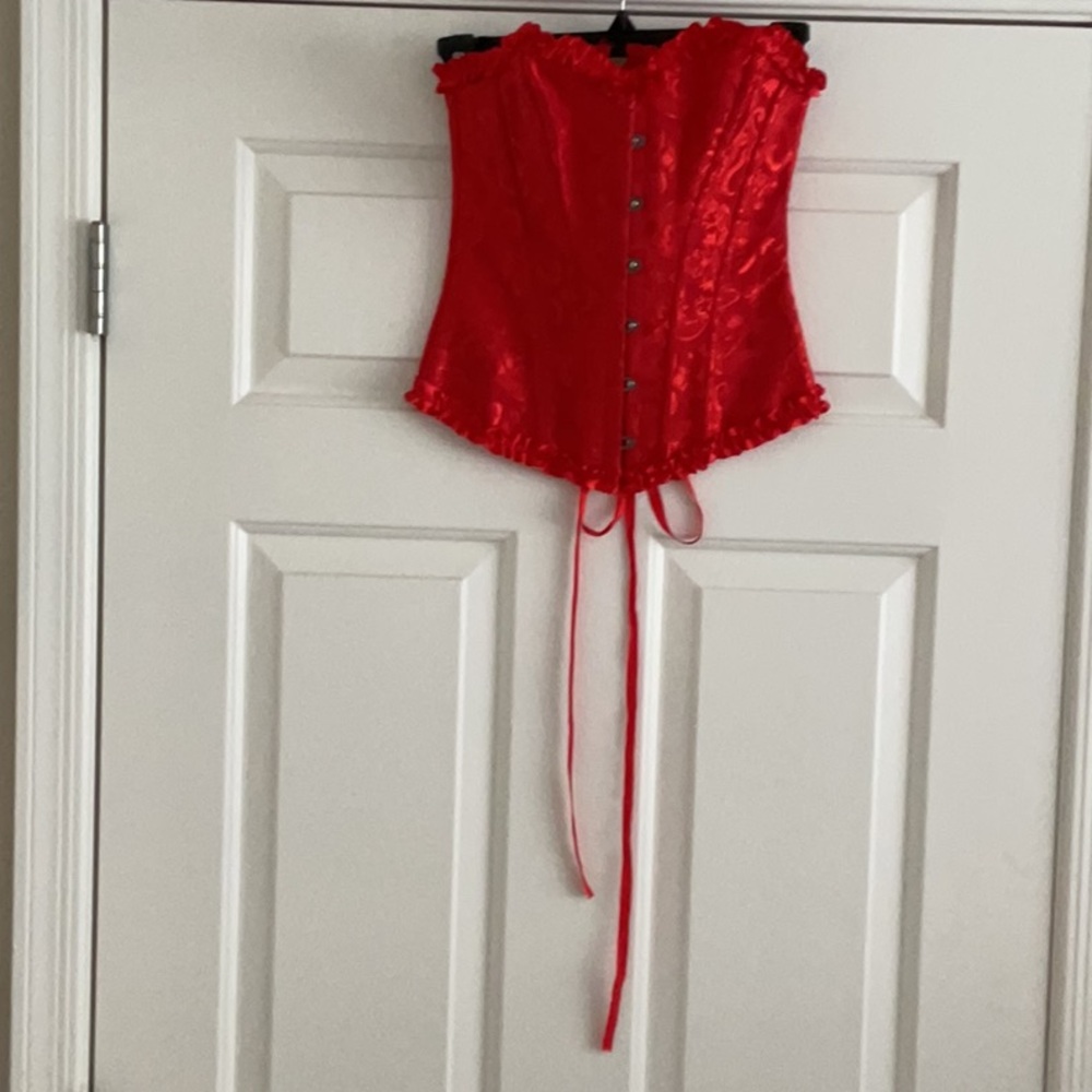 Red Satin brocade CORSET, Lisa is down the back size small. Perfect condition. - Picture 7 of 7
